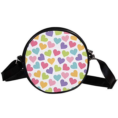 Vintage Love Heart Canvas Crossbody Bag Round Shoulder Bag Circle Purse, mehrfarbig