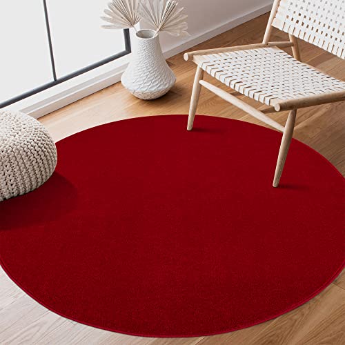 SANAT Kurzflor Teppich Wohnzimmer - Uni Modern Teppiche fürs Schlafzimmer, Arbeitszimmer, Büro, Flur, Kinderzimmer und Küche - Rot, 200 cm Rund