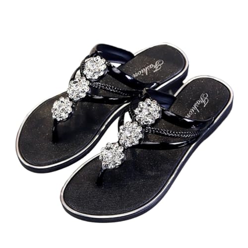 NEOFEN Sommer-Flats-Sandalen für Damen: Lässige, elegante, flache Tanga-Schuhe im Bohemian-Stil, bequeme Strandsandale zum Hineinschlüpfen (Color : Black, Size : 37 EU)