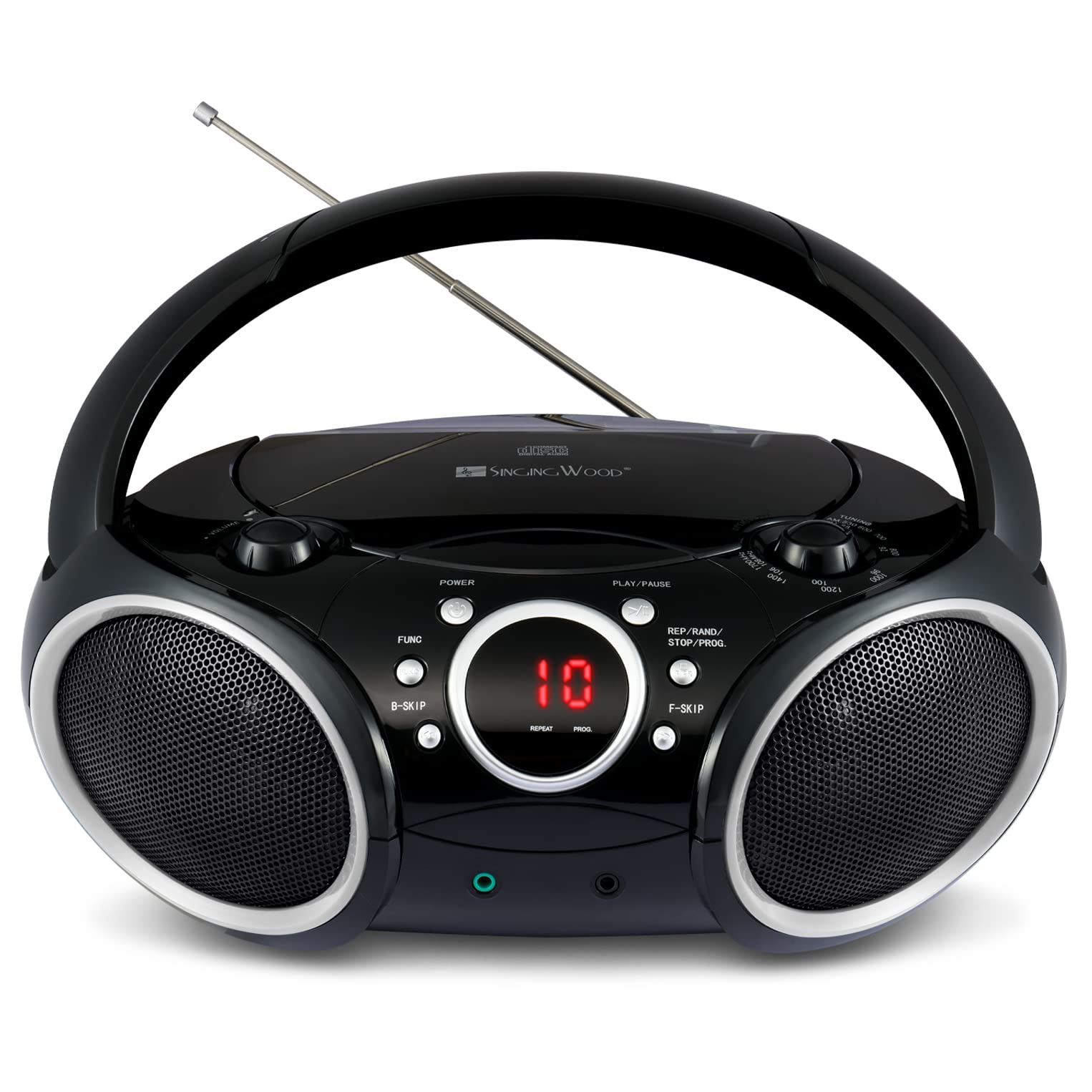 SINGING WOOD 030C tragbarer CD-Player Boombox AM FM analoges Tuning-Radio, AUX-Eingang, Kopfhöreranschluss, klappbarer Tragegriff (schwarz mit einem Hauch von grauen Rändern)