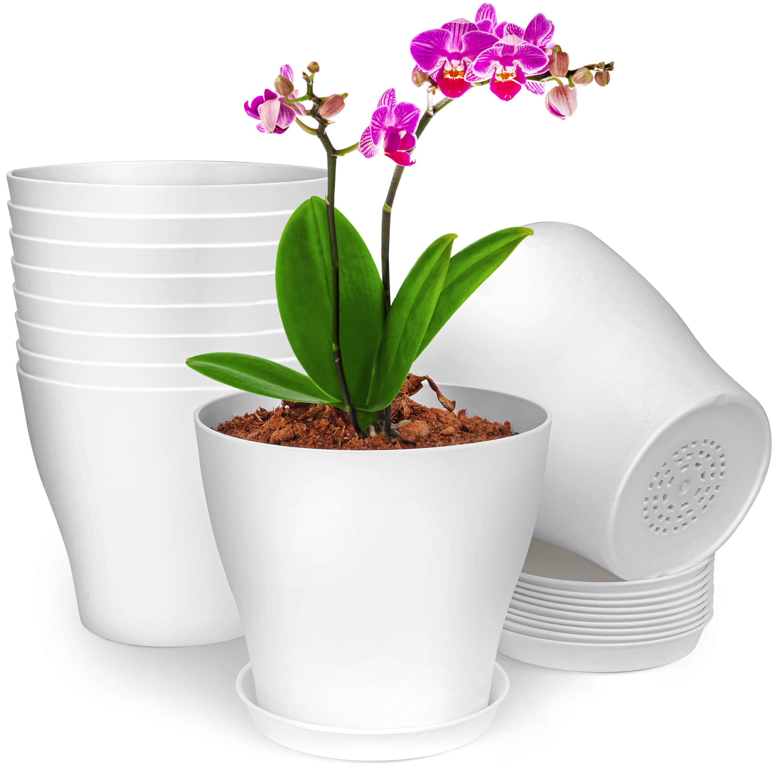 BELLE VOUS 10 Stück 13,5 cm Weiße Kunststoff Blumentopf mit Untersetzer - Großer Blumentopf mit Drainagelöchern - Blumentöpfe für Zimmerpflanzen & Balkon Sukkulenten Kaktus