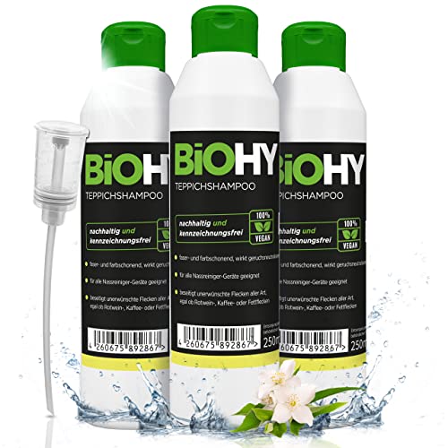 BiOHY Teppichshampoo (3x250ml Flasche) + Dosierer | Teppichreiniger ideal zur Entfernung von hartnäckigen Flecken | SPEZIELL FÜR WASCHSAUGER ENTWICKELT