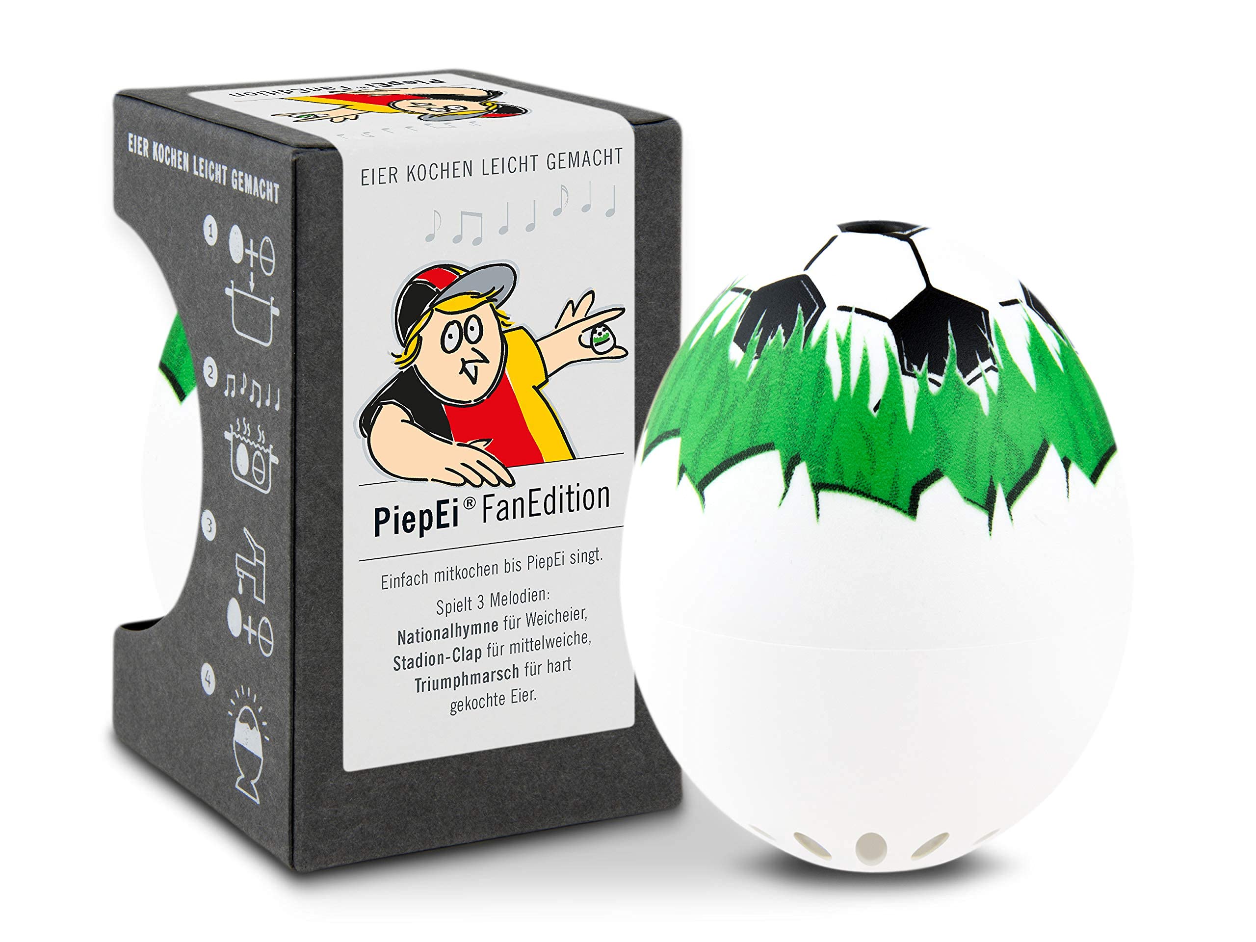Fan PiepEi - Singende Eieruhr zum Mitkochen - Eierkocher für 3 Härtegrade - Fußball Geschenke - Lustiges Kochei - Musik Eggtimer - Brainstream