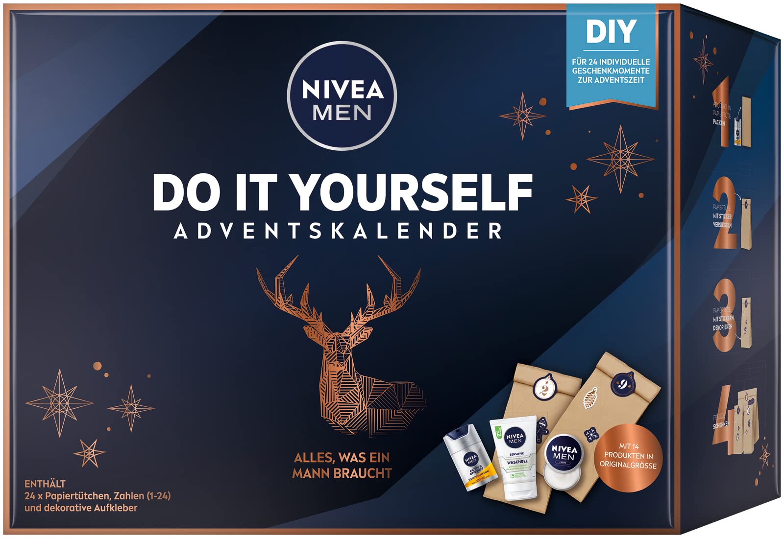 NIVEA MEN DIY Adventskalender 2023 für 24 einzigartige Verwöhnmomente, Weihnachtskalender mit ausgewählten Pflegeprodukten & Accessoires, Pflegeset für die Adventszeit