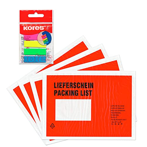 WPTrading - 250 x Lieferscheintaschen 225 x 165 mm in DIN C5 Rot "Lieferschein / Rechnung" inkl. 125 Page-Marker in 5 Farben - Dokumenten-Taschen selbstklebend, lang - Begleitpapiertaschen für Versand