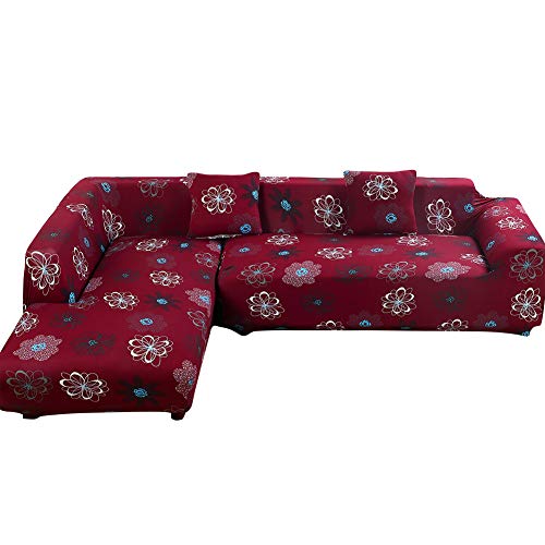 Jian Ya NA L-Form-Stretch Sofabezüge Polyester Spandex Stoff Slipcover 2ST Polyester-Gewebe Stretch Slipcovers + 2St Kissenbezüge für Sofa Sectional Couch Rote Blume
