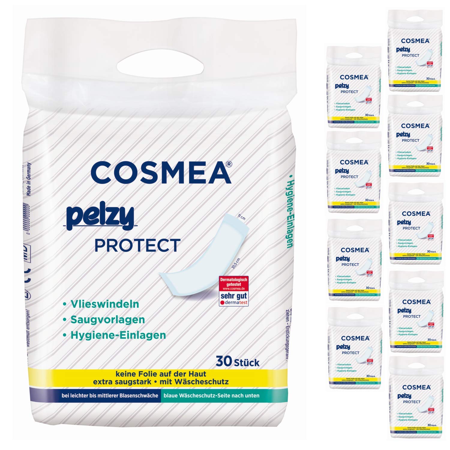 Cosmea Pelzy Protect Vlieswindeln/Saugvorlagen, für Wöchnerrinnen, für die tägliche Pflege Vorteilspack (10 x 30 Stück) Wochenbetteinlagen