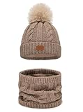 Alur Mütze Kinder Unisex Beanie mit Loop Schal Set Wintermütze Strickmütze mit Bommel - Warme Elastisch Elegant Winter Mütze Schal EKO Bommelmütze - Weiches Garn Stilvoll Warm (Latte)