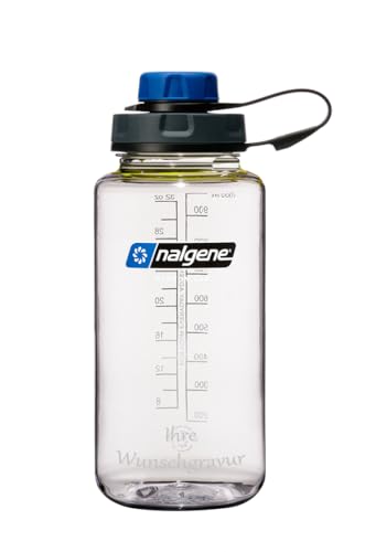 Nalgene Flasche 'Everyday Weithals' - 1 L mit 'capCAP'-Deckel (Klar, mit Namensgravur, Deckel blau)