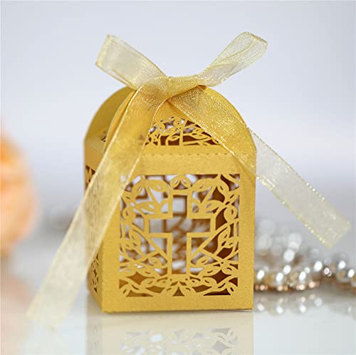 Geschenkbox, Verpackung, Hochzeitsbevorzugungsschachteln aus Papier, Süßigkeiten-Box, hohle Kreuz-Geschenkbox for Brautparty, Babyparty, Party-Dekoration, 50 Stück (Color : Yellow)