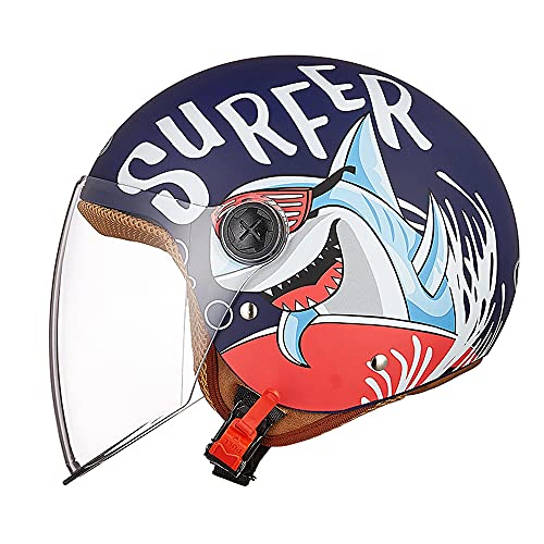 FREEUP Kinder Motorradhelm Roller Helm jethelm mit Sonnenblende, Mädchen Rollerhelm Junge Mofa Helm, Schnellverschluss Tasche, 48-55cm, für 5 Jahre - 12 Jahre Kid,Blau