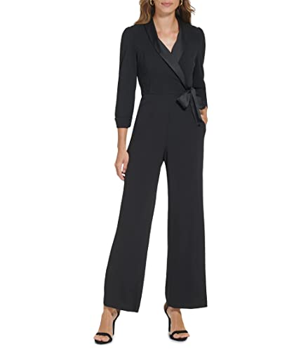 DKNY Women's Faux Wrap Collared Jumpsuit with Long Sleeves, Black, 12