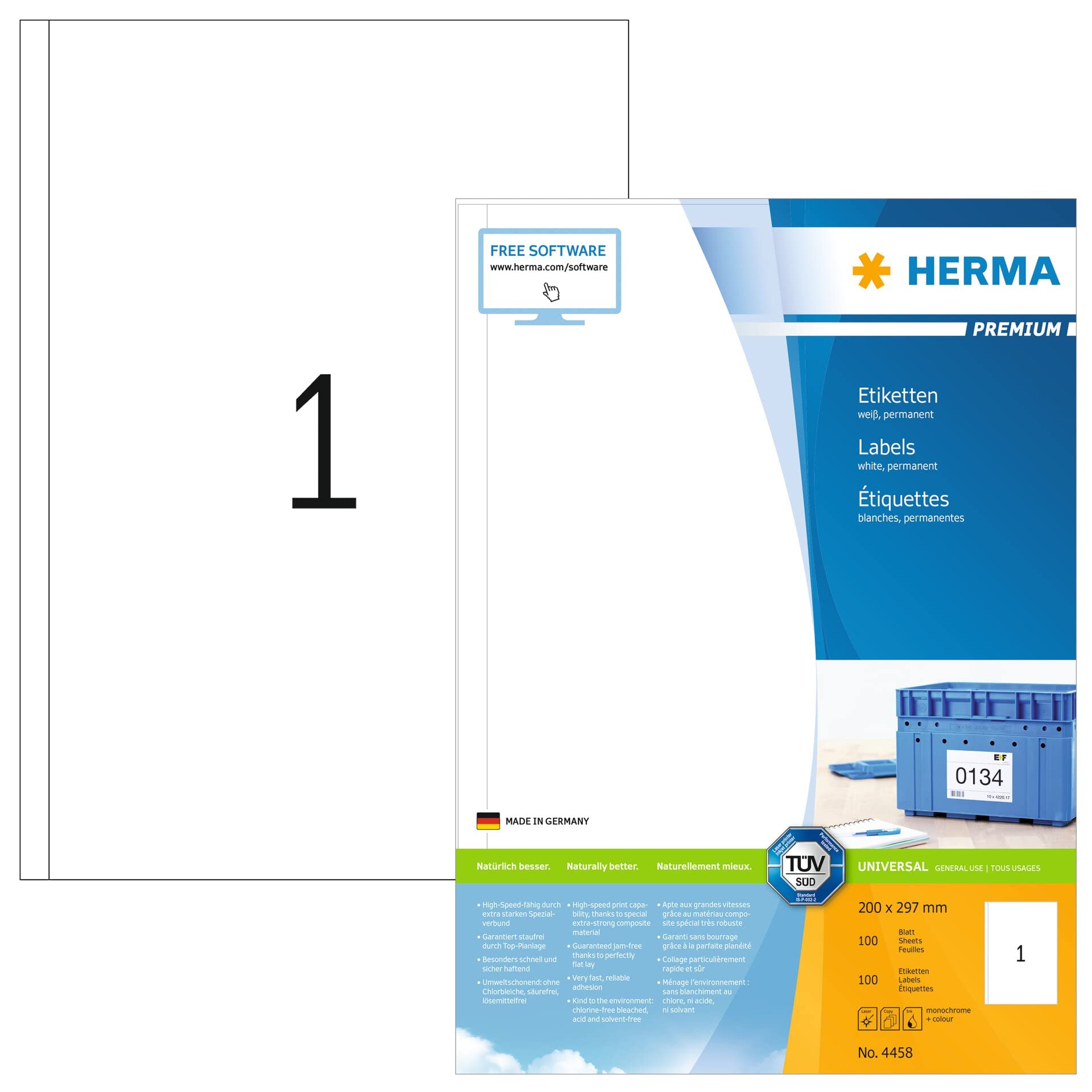 HERMA 4458 Universal Etiketten, 100 Blatt, 200 x 297 mm, 1 pro A4 Bogen, 100 Stück, selbstklebend, bedruckbar, matt, blanko Papier Klebeetiketten Aufkleber, weiß