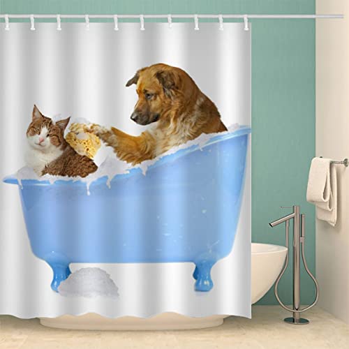 iYoucase 3D Motiv Katze Duschvorhang Anti-Schimmel Wasserdicht Duschvorhänge 240x200 cm Hund Shower Curtain 100% Polyester Stoff Anti-Bakteriell Badvorhang mit 12 Hooks für Badezimmer Badewanne