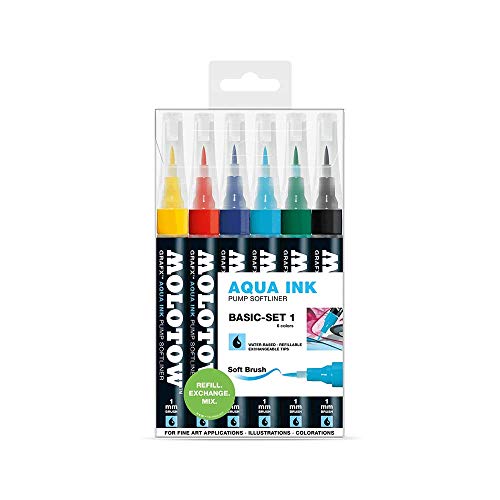 Molotow Grafx Aqua Ink Pump Softliner (Marker Basic-Set 1, Strichstärke 1 mm, für Aquarelle und Kalligrafie) 6 Stück sortiert