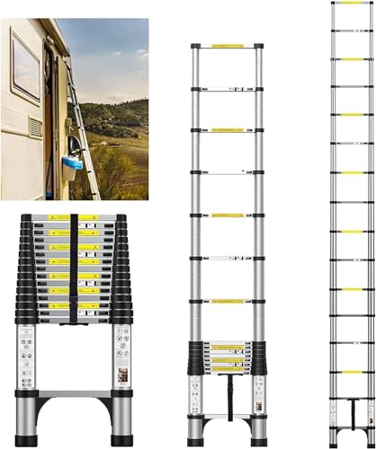 FEETE Teleskopleiter, Aluminium-Leichtbau-Ausziehleiter mit rutschfesten Füßen, tragbare Dachbodenleiter, Heavy Duty RV zusammenklappbare Leiter für RV, Haushalt, Outdoor-Arbeiten(4.7M)