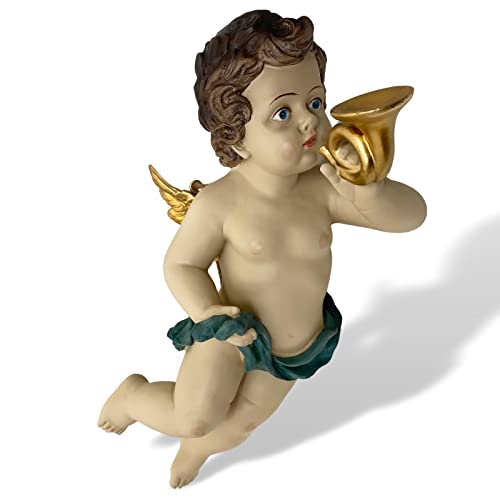 aubaho Skulptur Engel Putte zum Aufhängen Figur Trompete Kunststein 43cm Antik-Stil