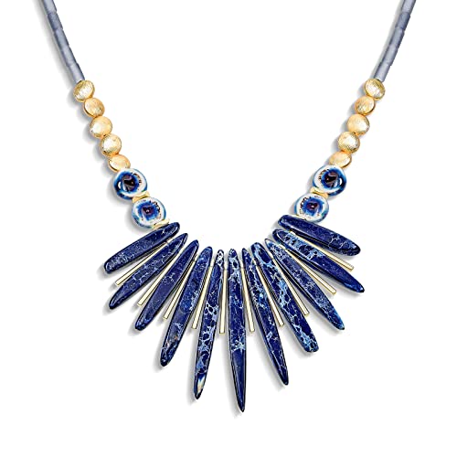 Marineblau facettierte Perlen und komprimieren Lapislazuli Unregelmäßig Lange lineare Multi-Stein-Träger-Fan-Statement-Halsketten für vergoldete Perle und Separator Einstellbar