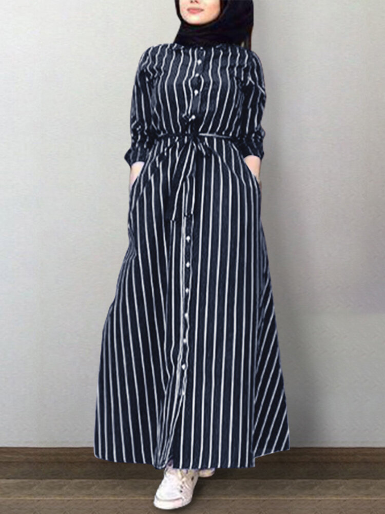 Frauen Vertikal Streifen Revers Kaftan Langarm Shirt Maxi Kleider Mit Gürtel
