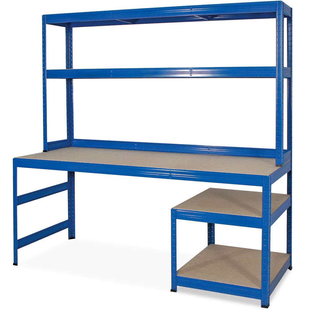 Packtisch/Werkbank mit Aufbau und Unterbau, BxTxH 1800x600/300x1800 mm, blau