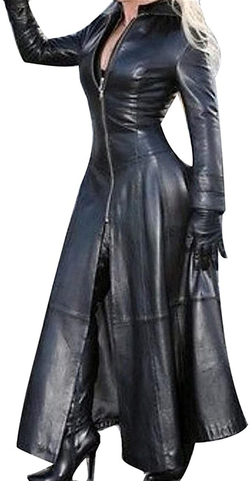 SKYWPOJU Damen PVC Leder Trenchcoat Jacke mit Reißverschluss Sexy Kleid Body Clubwear Langer Lack-Mantel (Color : Black, Size : L)