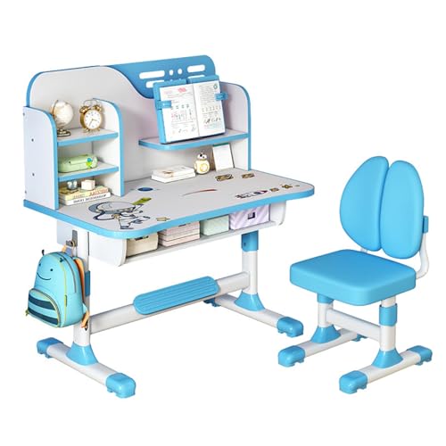Saterkali Premium Kinder Studie Schreibtischstuhl Set, Höhenverstellbarer Kinder-Schultisch-Stuhl-Satz mit Astronauten-Muster, Ergonomischer Schreibtischstuhl mit Bücherregal und Schublade Blau
