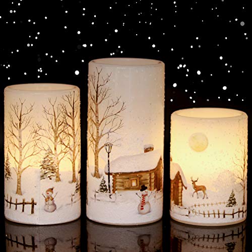 Eldnacele Schneemann Weihnachten Deko Flammenlose flackernde Kerzen mit automatischem TageszyklusTimer, weiße batteriebetriebene LED Stumpenkerzen Schneemann Aufkleber 3 Pack (D7,6 cm x H 10,2 cm