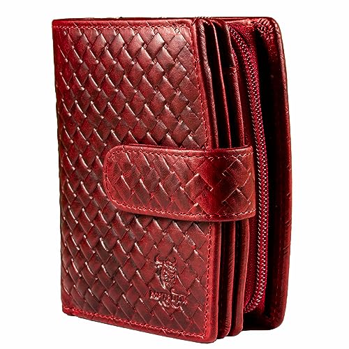 MATADOR Damen Geldbörse aus Echt Leder - TÜV Geprüfter RFID/NFC Schutz - Portemonnaie Flechtprägung Rot -Geldbeutel Damen inklusive Geschenkbox