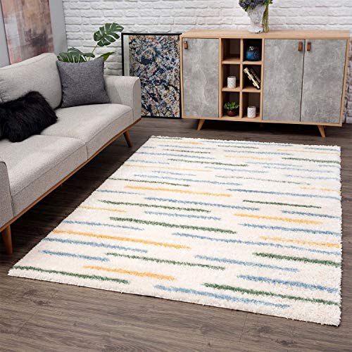 Teppich Shaggy Hochflor - Streifen-Muster 140x200 cm Creme Multi - Moderne Wohnzimmer-Teppiche