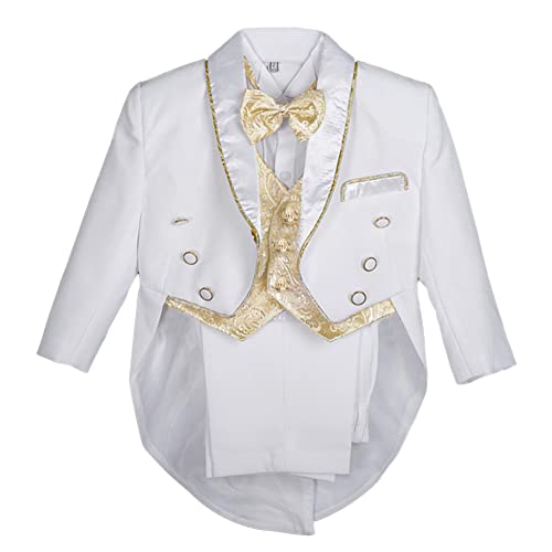 Lito Angels Jungen Jacquard weste 5 Stück Formale Tuxedo Anzug mit schwanz Taufe Taufanzug Gr. 2-3 Jahre Weiß Gold