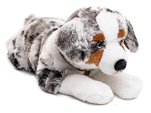Australischer Schäferhund mit Geschirr, liegend - 63 cm (Länge) - Plüsch-Hund, Plüschtier Kuscheltiere grau/weiß
