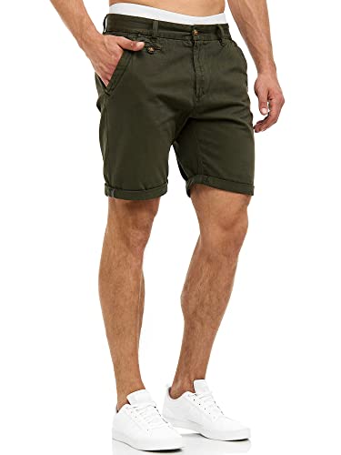 Indicode Herren Cuba Chino Shorts mit 5 Taschen inkl. Gürtel aus 100% Baumwolle | Kurze Hose Regular Fit Bermudas Sommerhose Herrenshorts Short Men Pants Chinohose für Männer Grün Army M