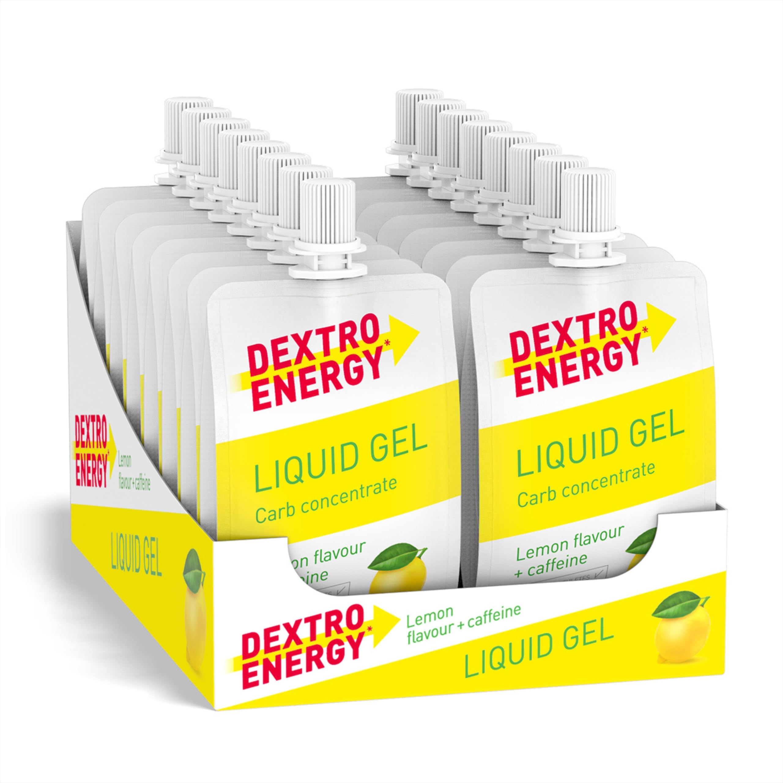 DEXTRO ENERGY LIQUID GEL LEMON + CAFFEINE - 18x60ml (18er Pack) - Energy Gel aus schnell verfügbaren Kohlenhydraten, Traubenzucker Gel, Koffein Booster, Energy Riegel Alternative, für Ausdauersport