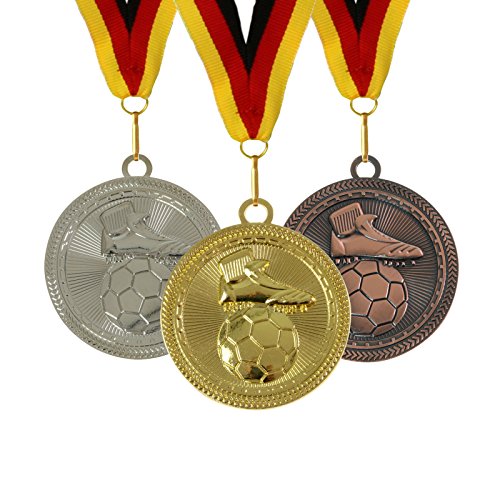 pokalspezialist 3 x 10 Stück 7 cm extra große Medaille Fußball je 10 x Gold, Silber, Bronze inklusive Band