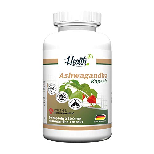 Health+ Ashwagandha - 90 Kapseln hochdosiert, indischer Ginseng aus der Ayurveda, Made in Germany