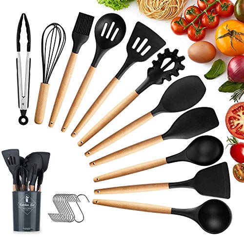 KagoLing Küchenutensilien Set, Küchenhelfer Set Silikon Antihaftes Hitzebeständiges küchenset mit Holzgriff 12 Stücke +10S-Haken Küchengerät Inkl Löffel, Tongs, Schneebesen Silikon, Spachtel