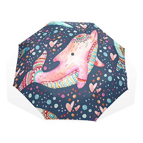Rootti Regenschirm, 3 Falten, leicht, Wasserfarben, niedlicher Delfin, Ein-Knopf-Automatik, zum Öffnen und Schließen, winddicht, für Kinder, Damen und Herren