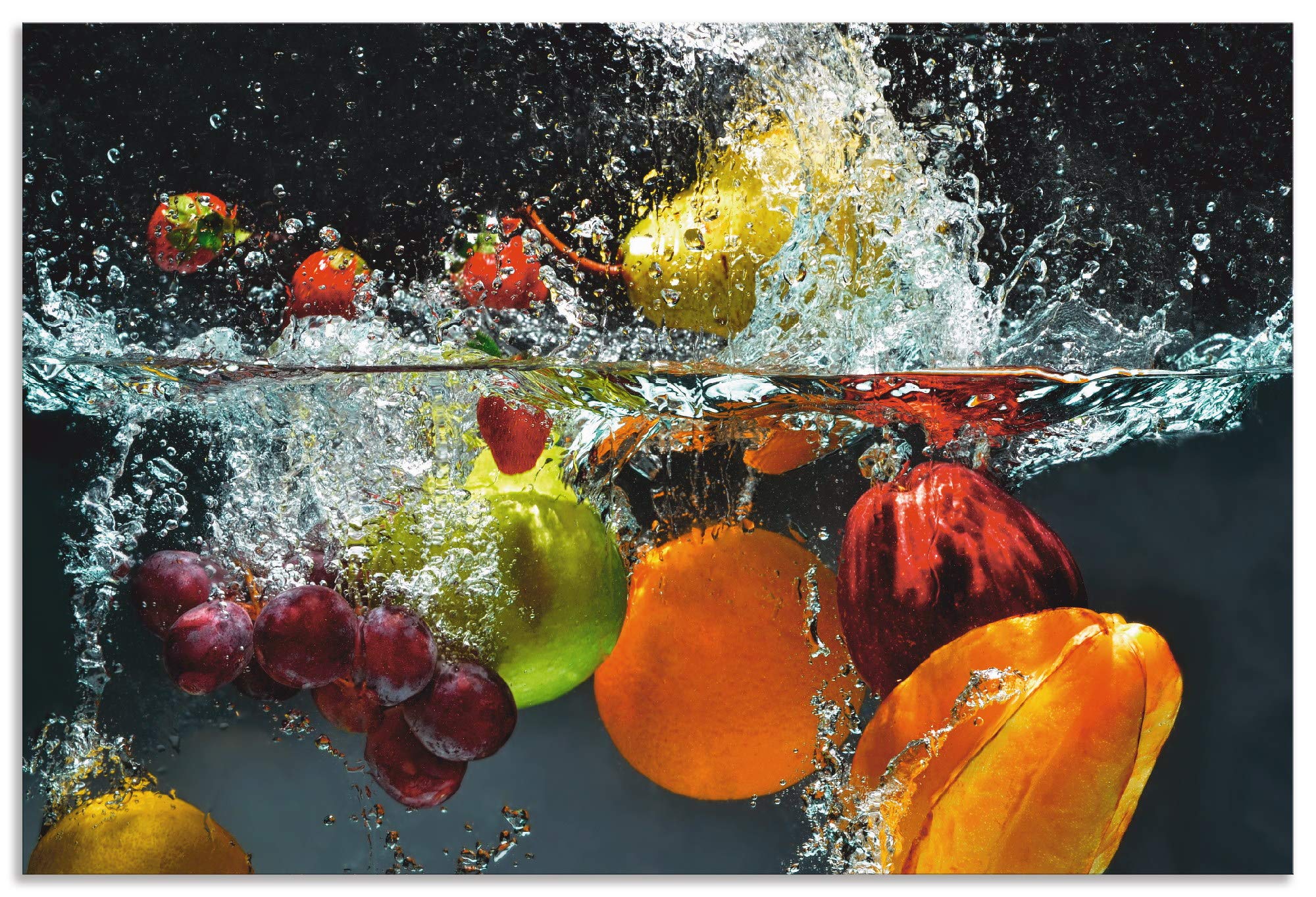ARTland Spritzschutz Küche aus Alu für Herd Spüle 90x60 cm (BxH) Küchenrückwand mit Motiv Essen Obst Früchte unter Wasser Erbeeren Trauben Orange S6JP