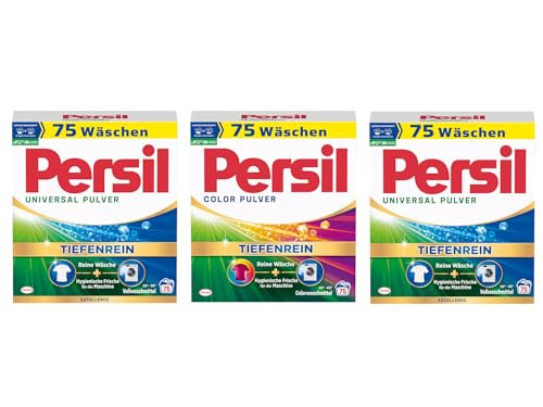 PERSIL Pulver-Set 3x 75 Waschladungen (225WL) 1x Color & 2x Universal, Color- & Vollwaschmittel-Set für reine Wäsche und hygienische Frische für die Maschine, effektiv ab 20 °C