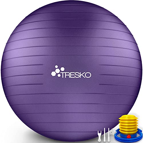 TRESKO® Anti-Burst Gymnastikball 55cm 65cm 75cm 85cm | Sitzball | Yogaball | 300 kg | mit Luftpumpe (Lila, 85cm (geeignet für über 185cm))