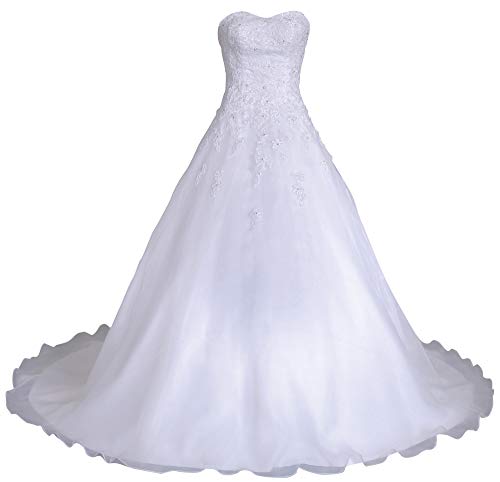 Romantic-Fashion Brautkleid Hochzeitskleid Weiß Modell W081 A-Linie Lang Satin Organza Perlen Pailletten DE Größe 42