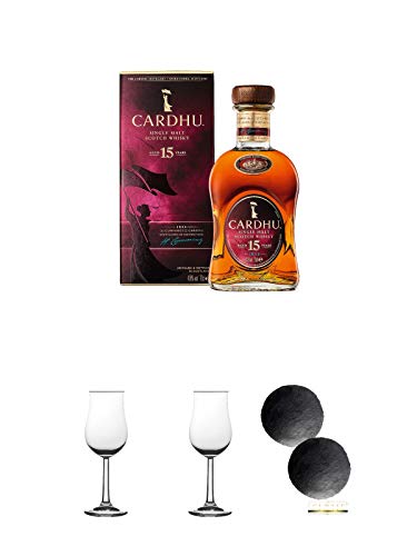 Cardhu 15 Jahre Single Malt Whisky 0,7 Liter + 2 Bugatti Nosing Gläser + 2 Schiefer Glasuntersetzer RUND ca. 2 x 9,5 cm Durchmesser