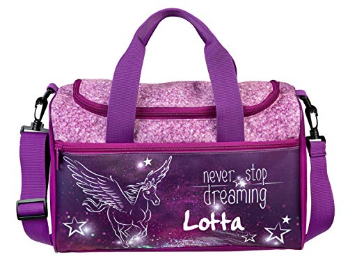 kleine Sporttasche mit Namen | Motiv Pegasus fliegendes Pferd & Sterne in pink & lila | Personalisieren & Bedrucken | Reisetasche für Mädchen