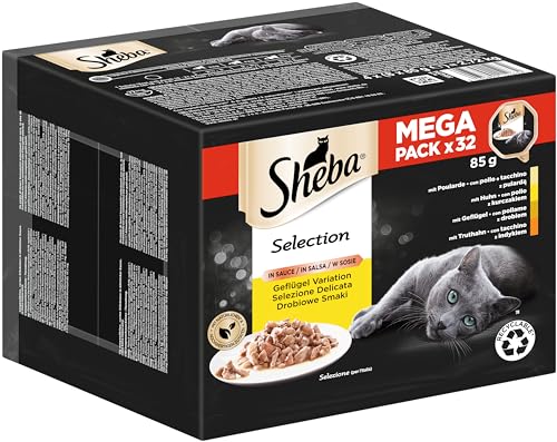 Sheba Selection in Sauce - Feinstes Katzennassfutter in der Schale - Geflügel Variation mit Poularde, Huhn, Geflügel und Truthahn - 32 x 85g