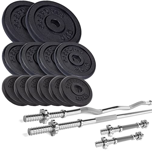 ScSPORTS® 48kg Guss Hantelset mit 1x Langhantel, 1x SZ Curlhantel und 2X Kurzhantel, Kombiset inkl. 12 Hantelscheiben