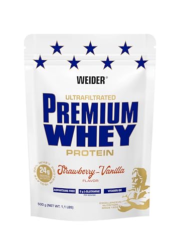 Weider Premium Whey Protein Pulver, unverschämt leckeres Eiweißpulver mit Whey Isolat für Muskelaufbau mit hohem Anteil an EAA, BCAA und freiem L-Glutamin, perfekte Löslichkeit, Erdbeer-Vanilla, 500g