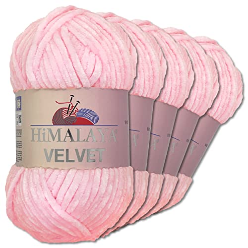 Wohnkult Himalaya 5 x 100 g Velvet Dolphin Wolle 40 Farben zur Auswahl Chenille Strickgarn Glanz Flauschgarn Accessoire Kleidung (90003 | Babyrosa)