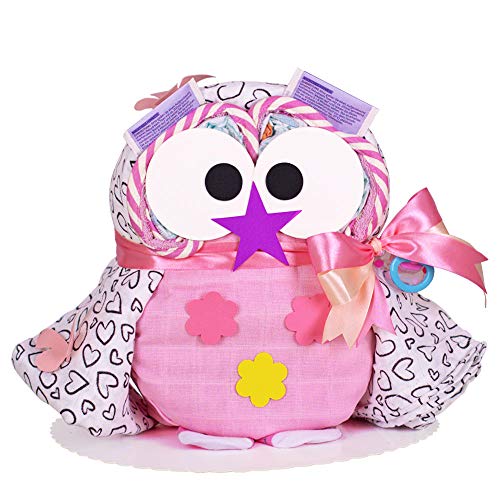 MomsStory - Windeltorte Mädchen | Windel-Eule in rosa | Baby-Geschenk zur Geburt Taufe Babyshower | mit Mehrzweck-Spucktuch Schnuller Söckchen & mehr