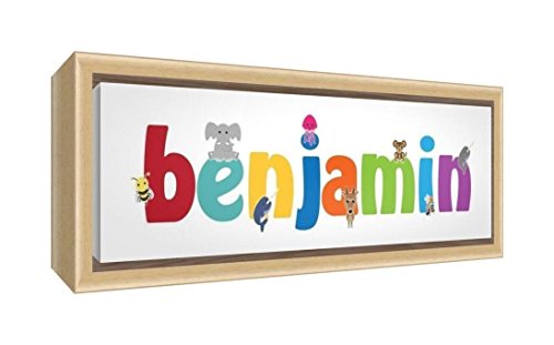 Feel Good Art gerahmt Box Leinwand, die Solide natur Holz Surround in Cute illustrativen Design Boy 's Name (25 x 63 x 3 cm, mittel, Benjamin)