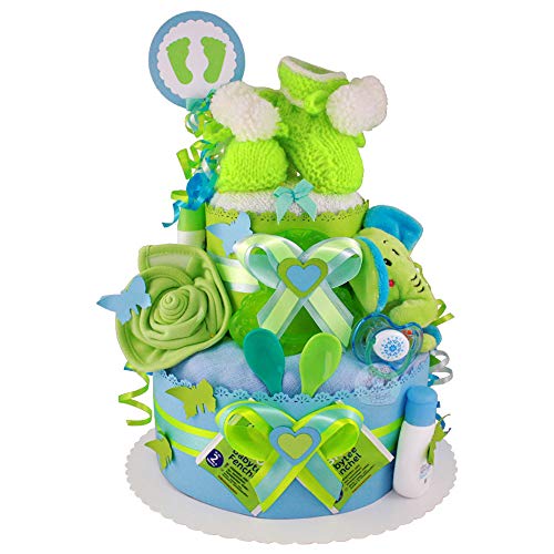 MomsStory - Windeltorte Junge | Baby-Geschenk zur Geburt Taufe Babyshower | 2 Stöckig (Blau-Grün) mit Baby-Spielzeug Schuhchen Lätzchen Schnuller & mehr
